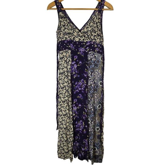 Vtg NY Collection Mixed Print Floral Beaded Maxi Dress Tie Summer Boho L - Picture 1 of 11